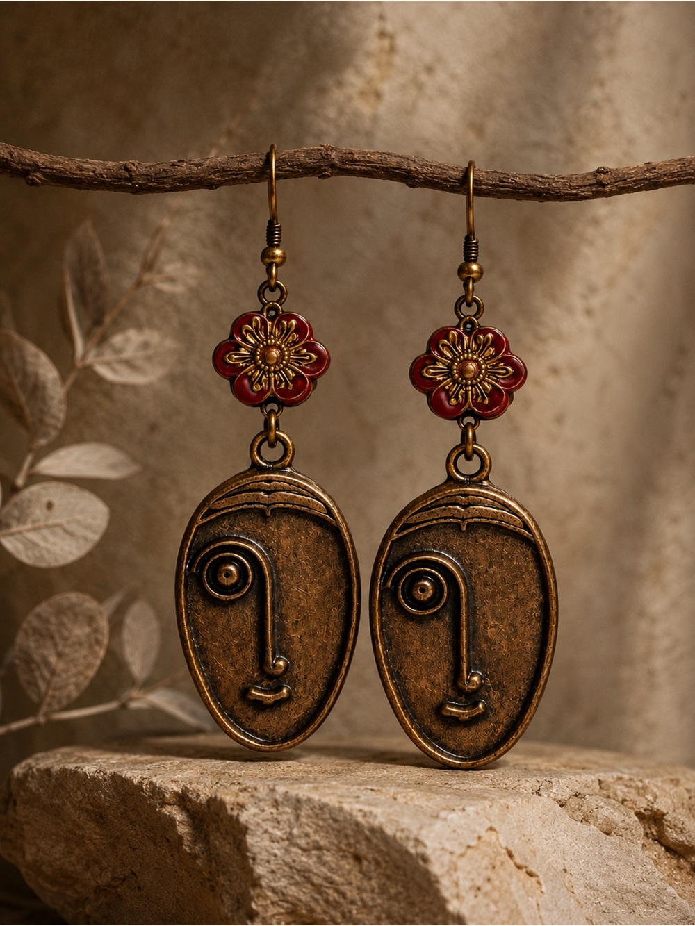 Czech Glass Floral Bead with Handcrafted Antique Copper Face Earrings with